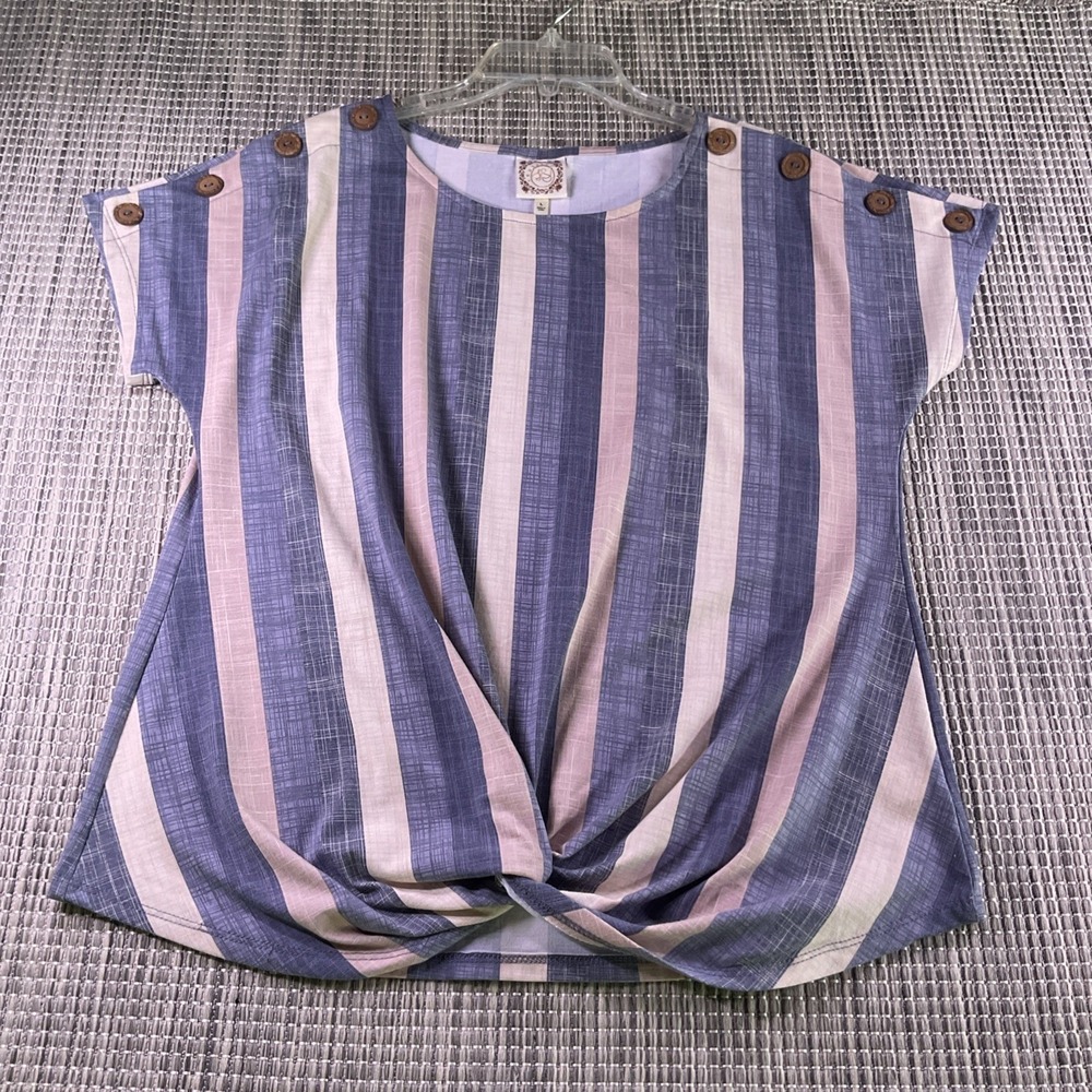 Trueself Womens Blue Tan White Striped Twist Front Button Shoulder Top Large